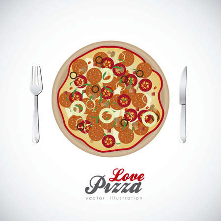 illustration of a pepperoni pizza with cutlery isolated on white background, vector illustrationのイラスト素材