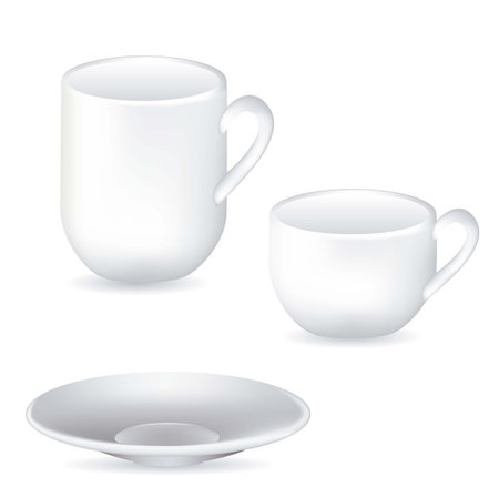 illustration of white porcelain cups and dish isolated on white background, vector illustrationのイラスト素材