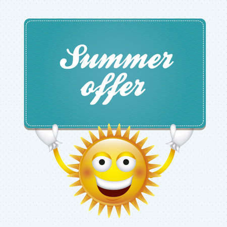 Cartoon illustration of a sun with eyes and smile, holding a sign of summer offer, vector illustration
のイラスト素材