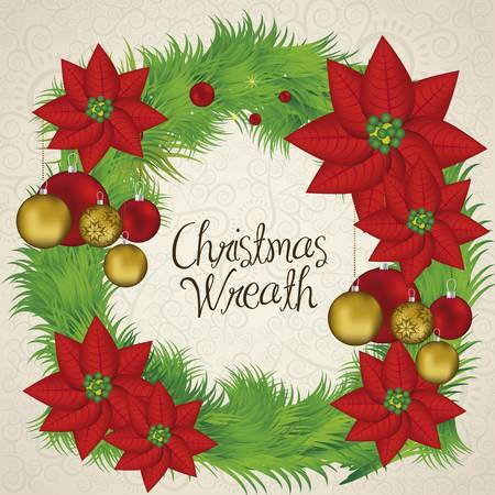 illustration of christmas wreath with red flowers and christmas balls, vector illustrationのイラスト素材