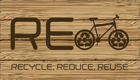 concept illustration of recycling, with biking symbolizing the word, on wood background, vector illustrationのイラスト素材