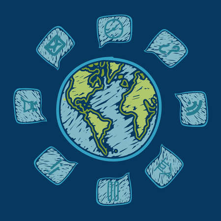 illustration of web icons and businesses around the planet Earth, vector illustrationのイラスト素材