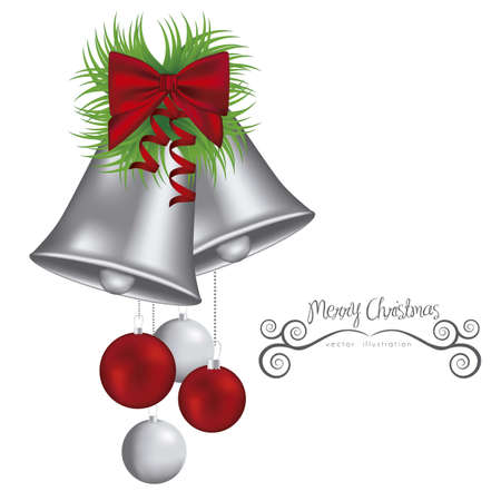 illustration of silver bells with mistletoe and ribbon, vector illustrationのイラスト素材