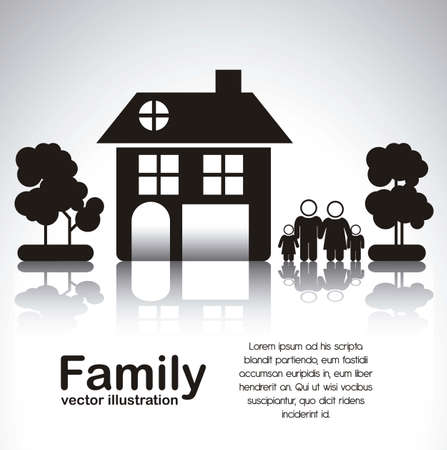 Illustration of family icons with house and trees, isolated on white background, vector illustrationのイラスト素材