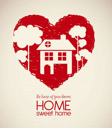 Illustration of home icons, house silhouette on heart sketch, vector illustrationのイラスト素材