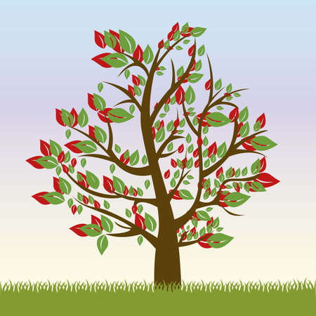 Illustration of tree with green leaves and red, spring season, vector illustrationのイラスト素材