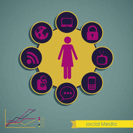 illustration of Social Media Infographic, with colors graphs and business icons, vector illustrationのイラスト素材