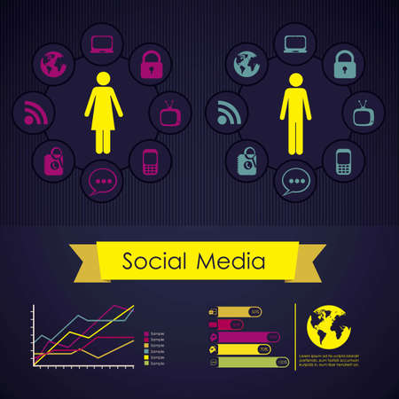 illustration of Social Media Infographic, with colors graphs and business icons, vector illustrationのイラスト素材