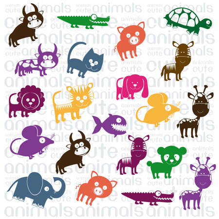 Illustration of Cute Animals. wildlife and farm animals  icons. vector illustrationのイラスト素材