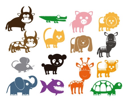 Illustration of Cute Animals. wildlife and farm animals  icons. vector illustrationのイラスト素材