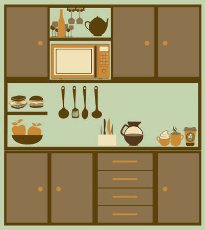 Illustration kitchen with appliances, food and drawers. vector illustrationのイラスト素材