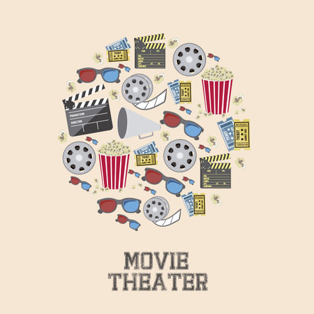 Illustration of icon of cinema, 3D cinema glasses,  director slate, popcorn, tickets, and Film reel, vector illustration
のイラスト素材