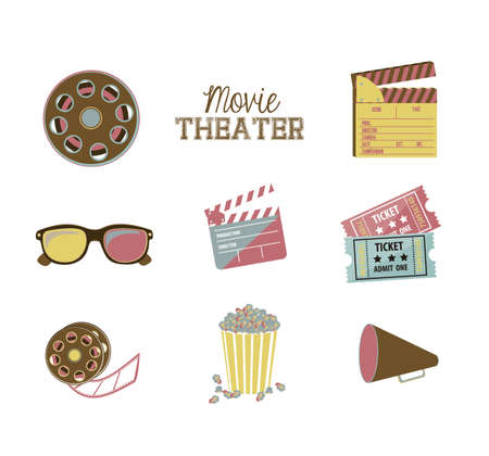 Illustration of icon of cinema, 3D cinema glasses,  director slate, popcorn, tickets, and Film reel, vector illustration
のイラスト素材