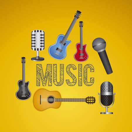 Illustration of icons of music, musical instruments and equipment, vector illustrationのイラスト素材