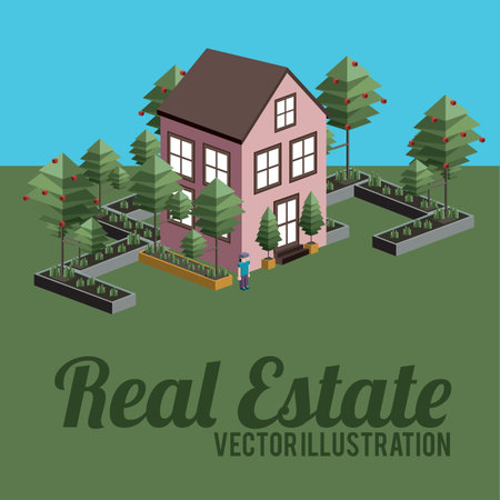 Real estate design over landscape background, illustration.のイラスト素材