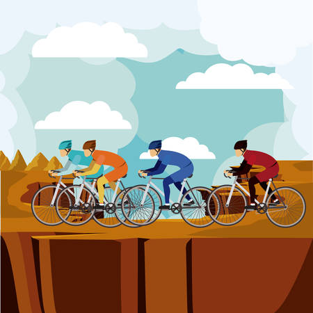 cycling race with beautiful landscape background isolated icon design, vector illustration  graphicのイラスト素材