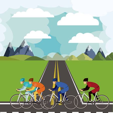 cycling race with beautiful landscape background isolated icon design, vector illustration  graphicのイラスト素材