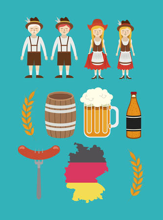 man woman beer barrel german germany cartoon avatar cloth traditional oktoberfest icon. Colorful and Flat design. Vector illustrationのイラスト素材