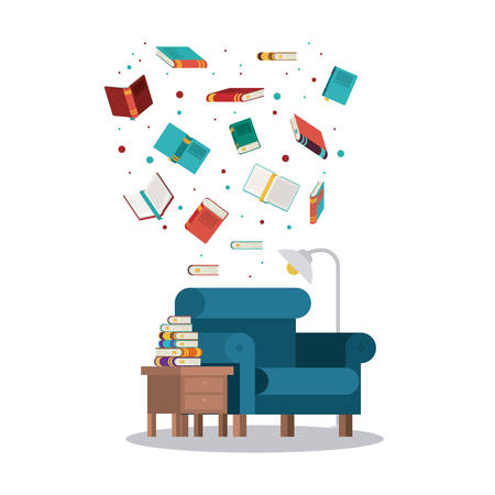 livingroom library books chair seat table lamp home literature learning knowledge icon. Colorful design. Vector illustrationのイラスト素材
