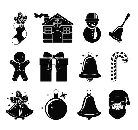Merry Christmas decoration figures silhouette icon set. Black and white design. Vector illustrationのイラスト素材