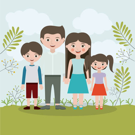 Mother father son and daughter icon. Family and relationship theme. Clouds and leaves background. Vector illustrationのイラスト素材