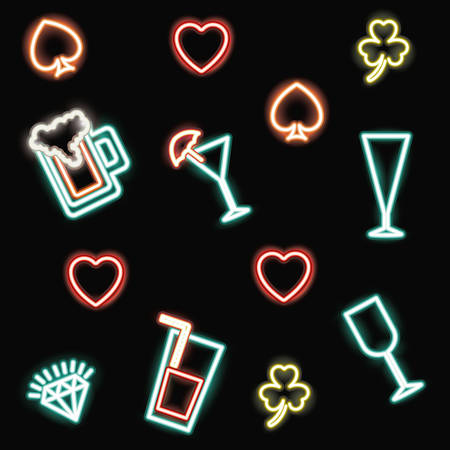 neon beer cocktails spade heart clover and diamond icon. Casino decoration and advertising theme. Colorful design. Vector illustrationのイラスト素材