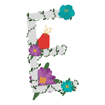 letter E with branch and flowers decoration. colorful design. vector illustrationのイラスト素材