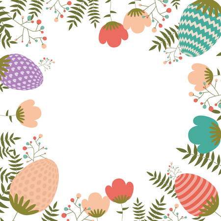 beautiful colorful flowers and easter eggs icon decorative frame. vector illustrationのイラスト素材