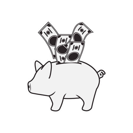 piggy moneybox with bills icon silhouettte over white background. vector illustrationのイラスト素材