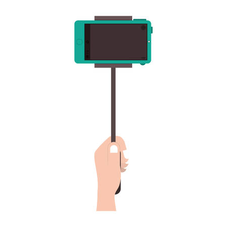 human hand taking a photo with selfie sitck with camera of smartphone portable device. vector illustrationのイラスト素材
