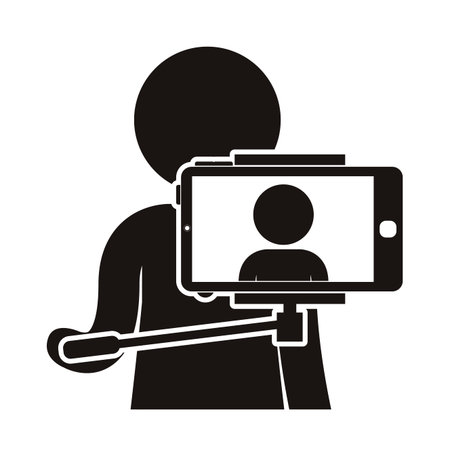 avatar pictogram person using a selfie stick and smartphone device taking a photo selfie. vector illustrationのイラスト素材