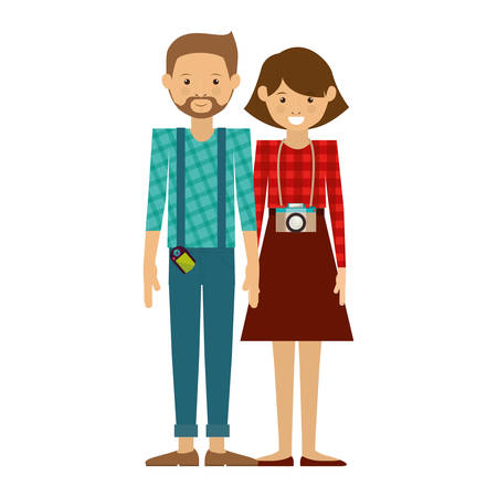 hipster couple man and woman smiling with camera around his neck. vector illustrationのイラスト素材