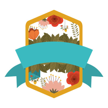 silhouette heraldic decorative frame with flowers inside and label vector illustrationのイラスト素材