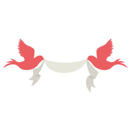 pink doves birds holding a  white ribbon over white background. vector illustrationのイラスト素材