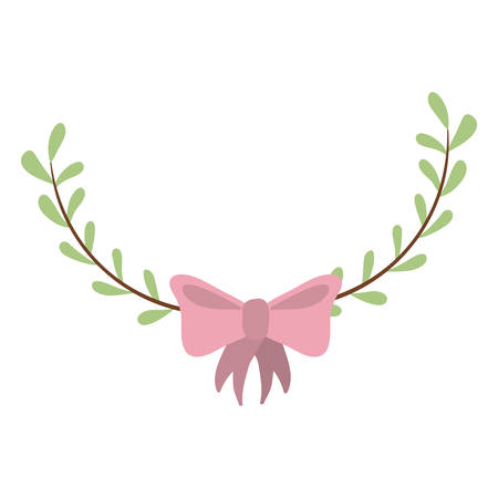 decorative wreath with oval green leaves and pink bow ribbon icon over white background. colorful design. vector illustrationのイラスト素材
