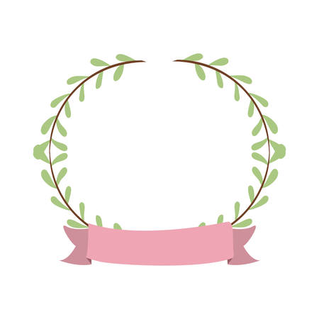 decorative wreath with oval green leaves and pink ribbon icon over white background. colorful design.のイラスト素材
