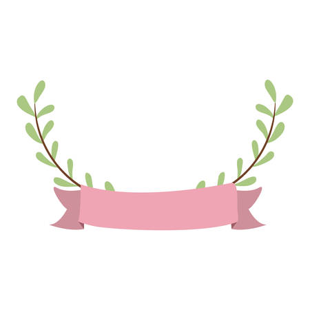 decorative wreath with oval green leaves and pink ribbon icon over white background. colorful design. vector illustrationのイラスト素材