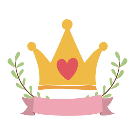 decorative wreath with oval green leaves and big gold crown with heart icon over white background. colorful design. vector illustrationのイラスト素材