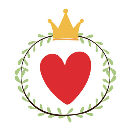 decorative wreath with oval green leaves and crown icon with red big heart inside over white background. colorful design. vector illustrationのイラスト素材