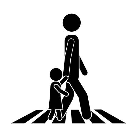 person walking the street with a little kid icon over white background. pictogram design. vector illustrationのイラスト素材