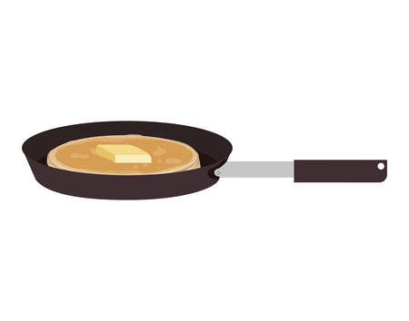 full color frying pan with handle and pancake with butter vector illustrationのイラスト素材