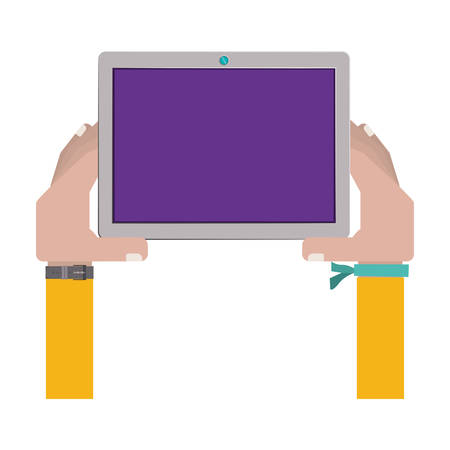 hands holding a touch tablet with braceletのイラスト素材