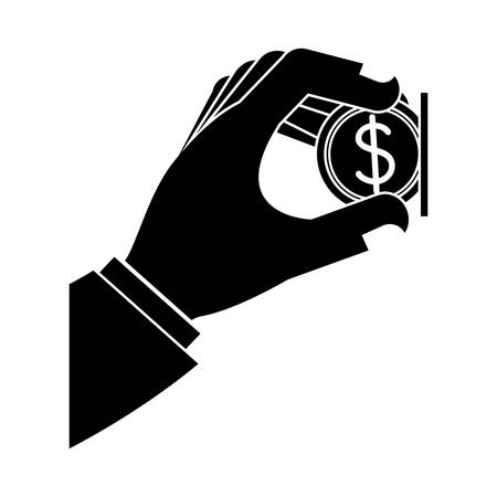 silhouette of hand with a money coin icon over white background. vector illustrationのイラスト素材