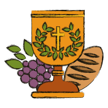 Cup bread and grapes icon. Religion god pray faith and believe theme. Isolated design. Vector illustrationのイラスト素材