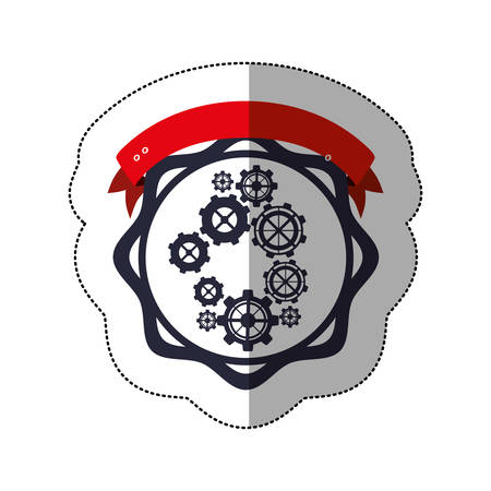 middle shadow sticker with gear wheel between circular shapes and ribbon vector illustrationのイラスト素材