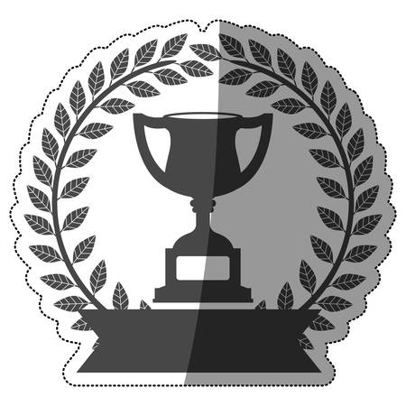 sticker monochrome trophy cup with olive crown and ribbon and half shaded vector illustrationのイラスト素材