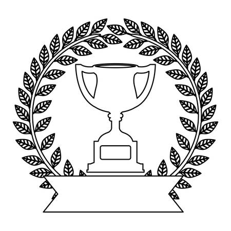 monochrome silhouette trophy cup with olive crown and ribbon vector illustrationのイラスト素材
