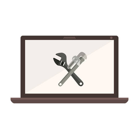 monochrome laptop with crossed wrenches in display vector illustrationのイラスト素材