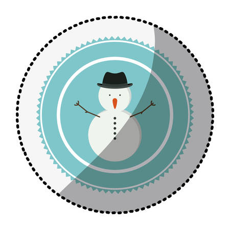 color circle with middle shadow sticker with snowman with hat vector illustrationのイラスト素材