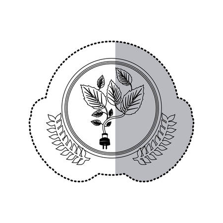 sticker monochrome with half shadow and creeper with plug cord in round frame with crown of leaves vector illustrationのイラスト素材